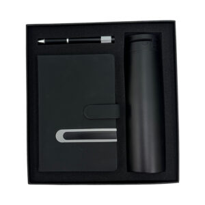 Black gift set with tumbler, notebook, pen