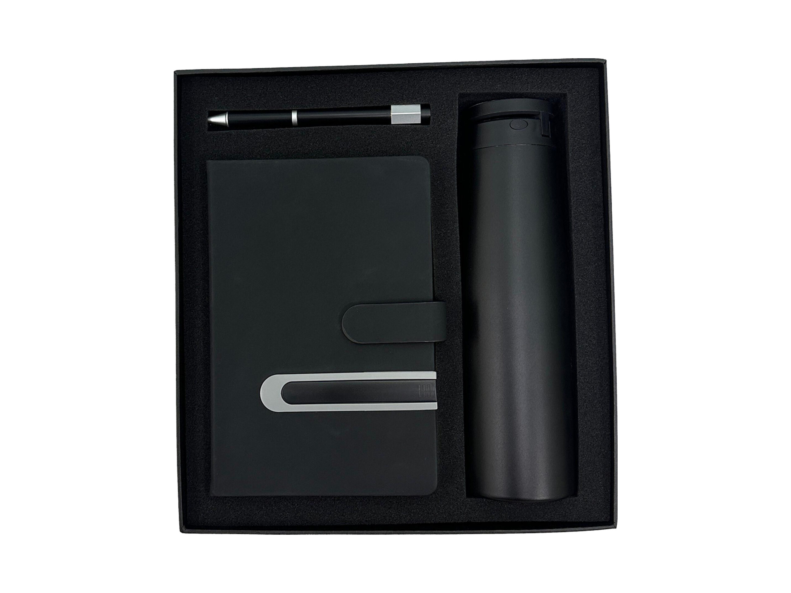 Black gift set with tumbler, notebook, pen