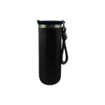 Black thermos with handle on white background.