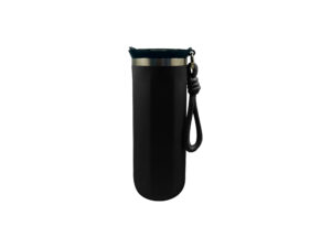 Black thermos with handle on white background.