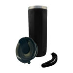 Black thermal mug with detachable lid and strap.