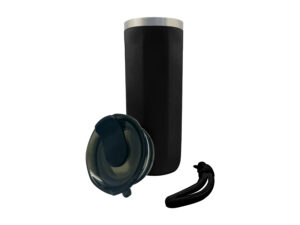 Black thermal mug with detachable lid and strap.