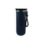 Blue reusable water bottle with black strap