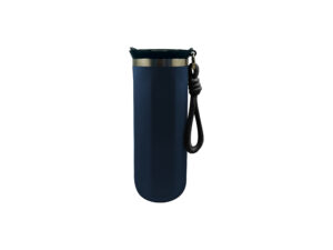 Blue reusable water bottle with black strap