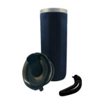 Blue insulated travel mug with lid and strap.