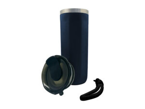 Blue insulated travel mug with lid and strap.