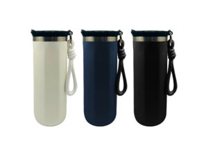 Three insulated bottles with handles in different colors.