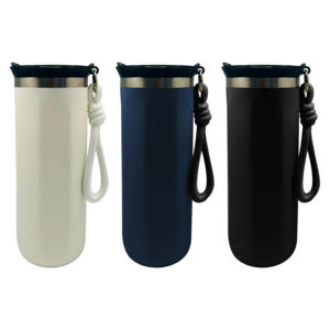 Three insulated bottles with handles in different colors.