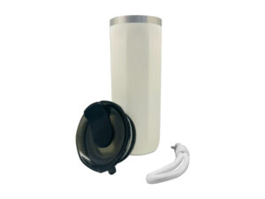 White tumbler with black lid and white strap