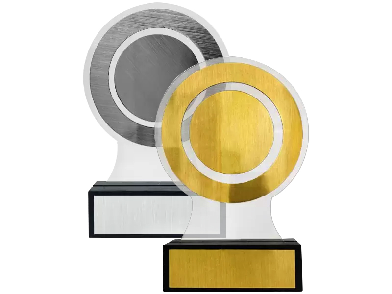 Gold and silver award trophies on stands.