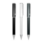 Three ballpoint pens in black, white, and dark green.