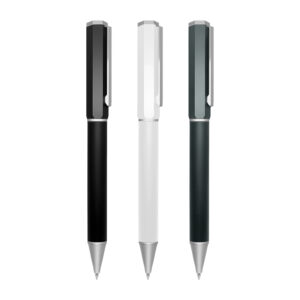 Three ballpoint pens in black, white, and dark green.