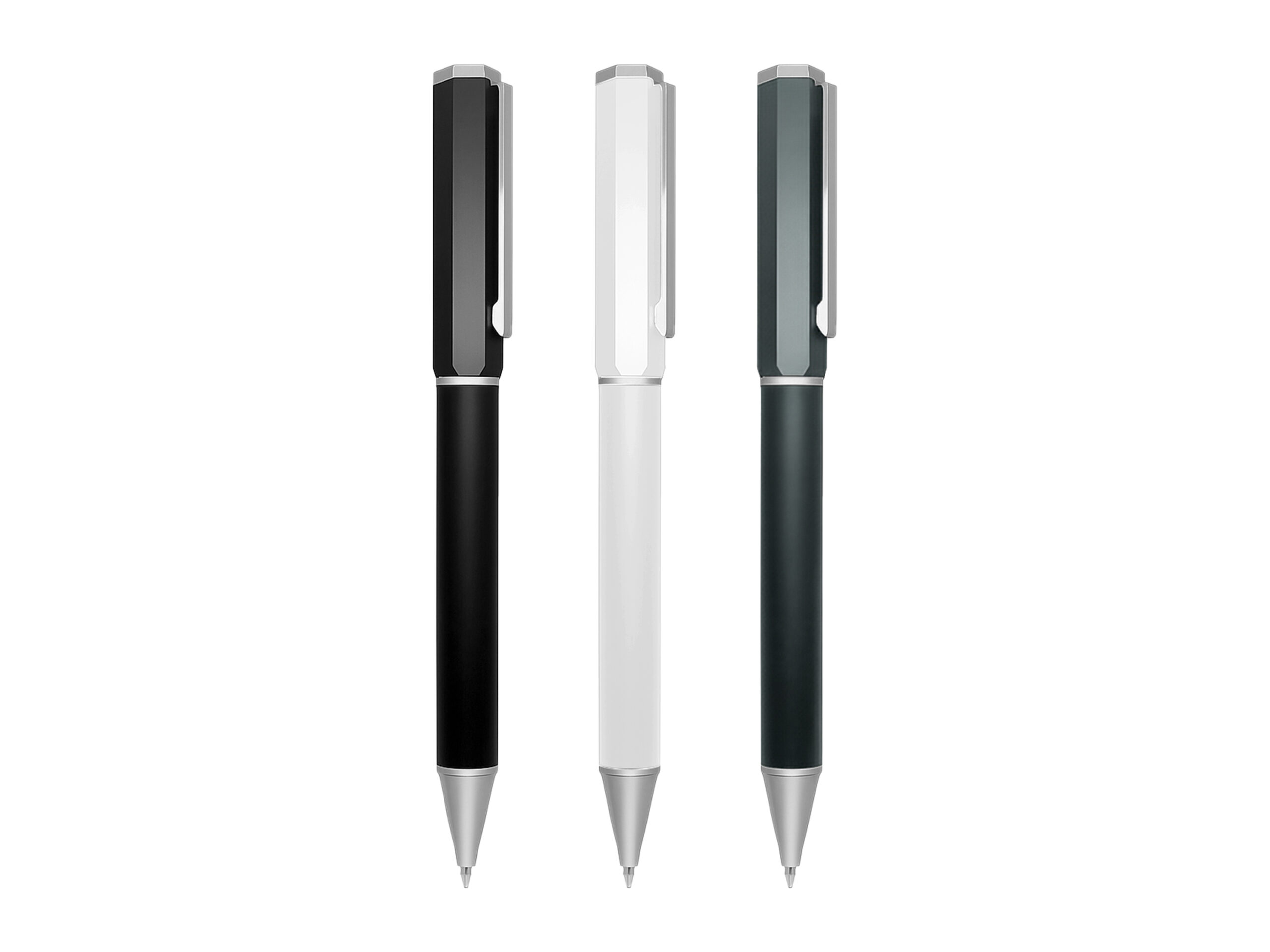 Three ballpoint pens in black, white, and dark green.