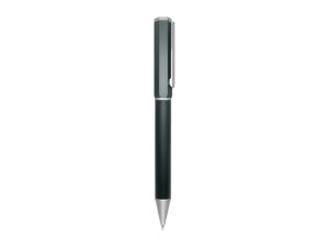 Black ballpoint pen with silver accents.
