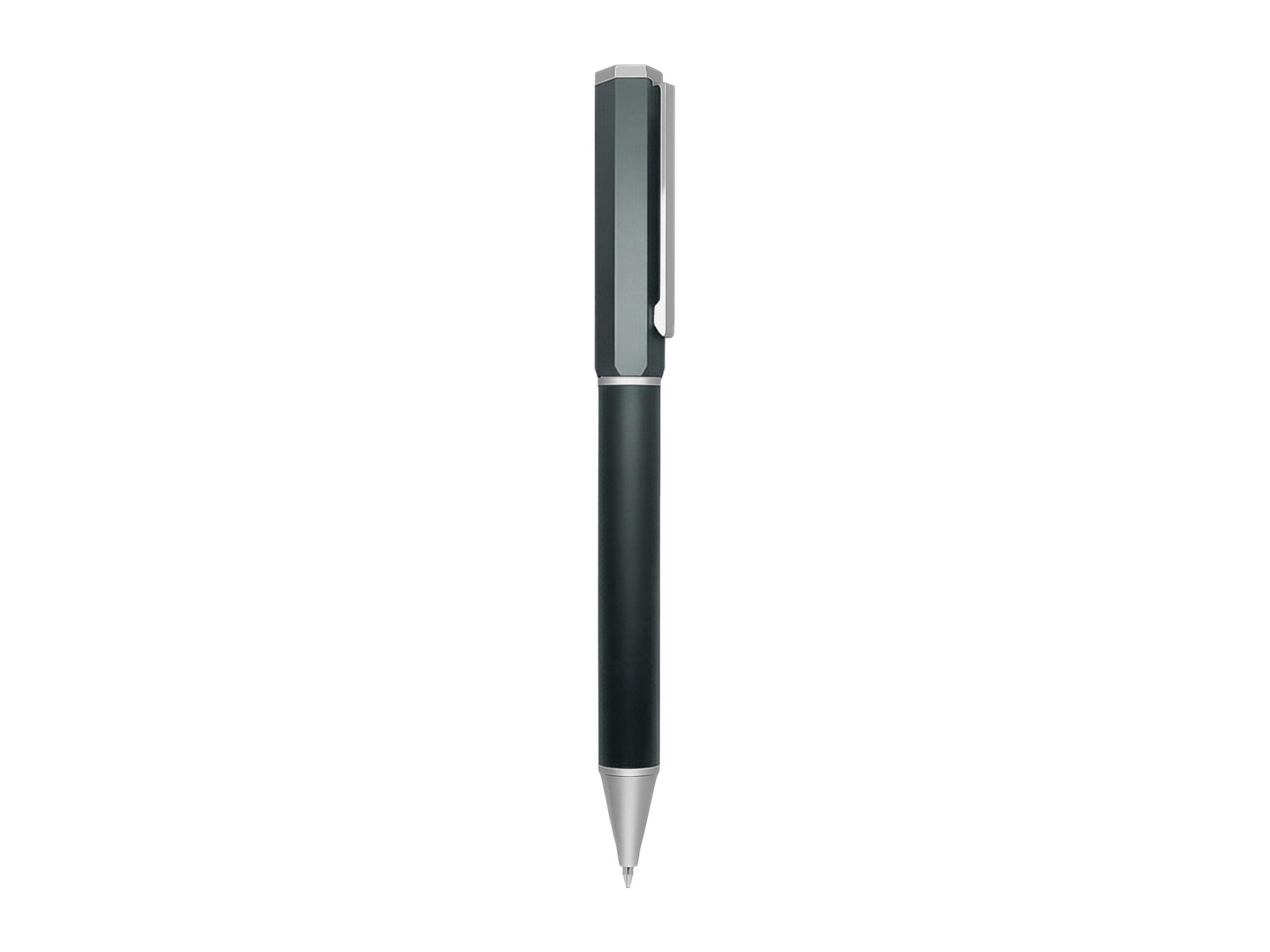 Black ballpoint pen with silver accents.