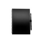 Black spiral notebook with pen attached