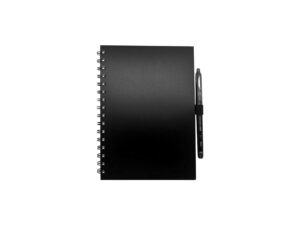 Black spiral notebook with pen attached