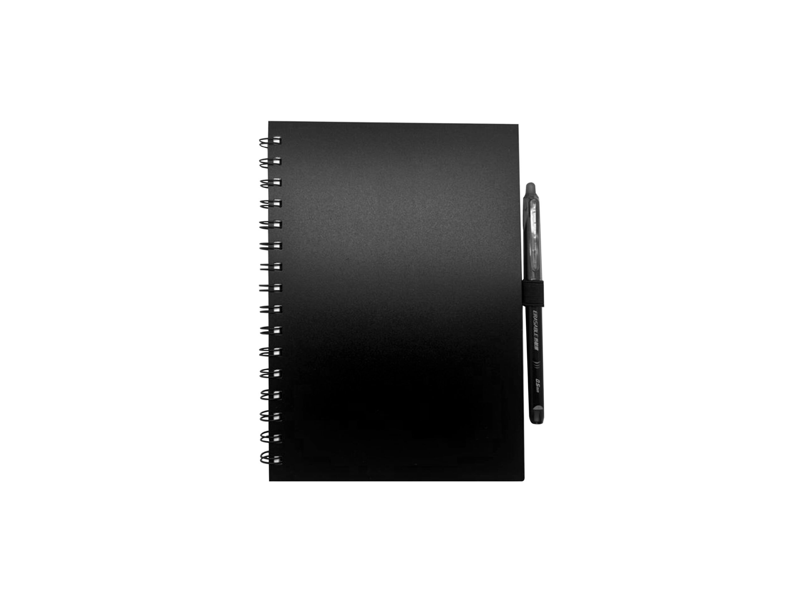 Black spiral notebook with pen attached