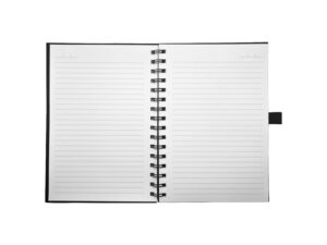 Open spiral notebook with lined pages.