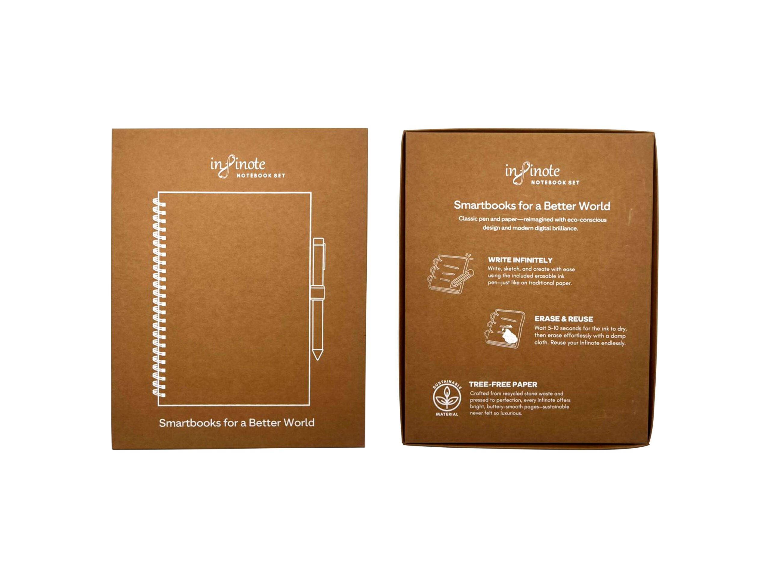 Infinote notebook set packaging, eco-friendly design.