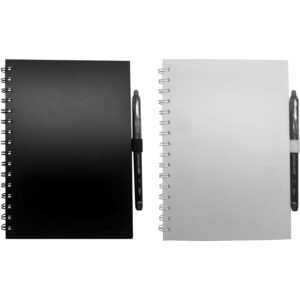 Black and white spiral notebooks with pens