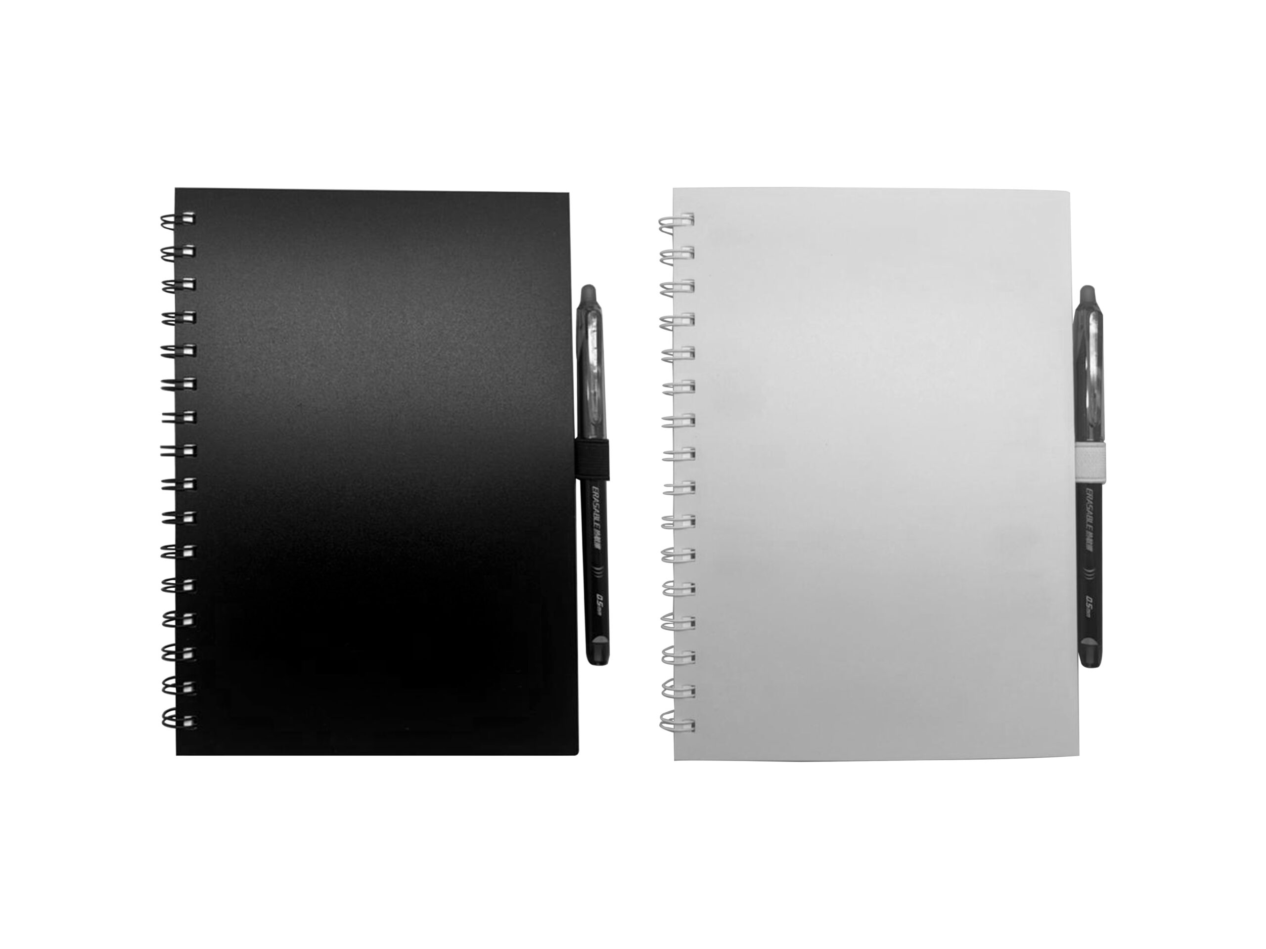 Black and white spiral notebooks with pens