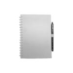 Notepad with pen attached on white background.