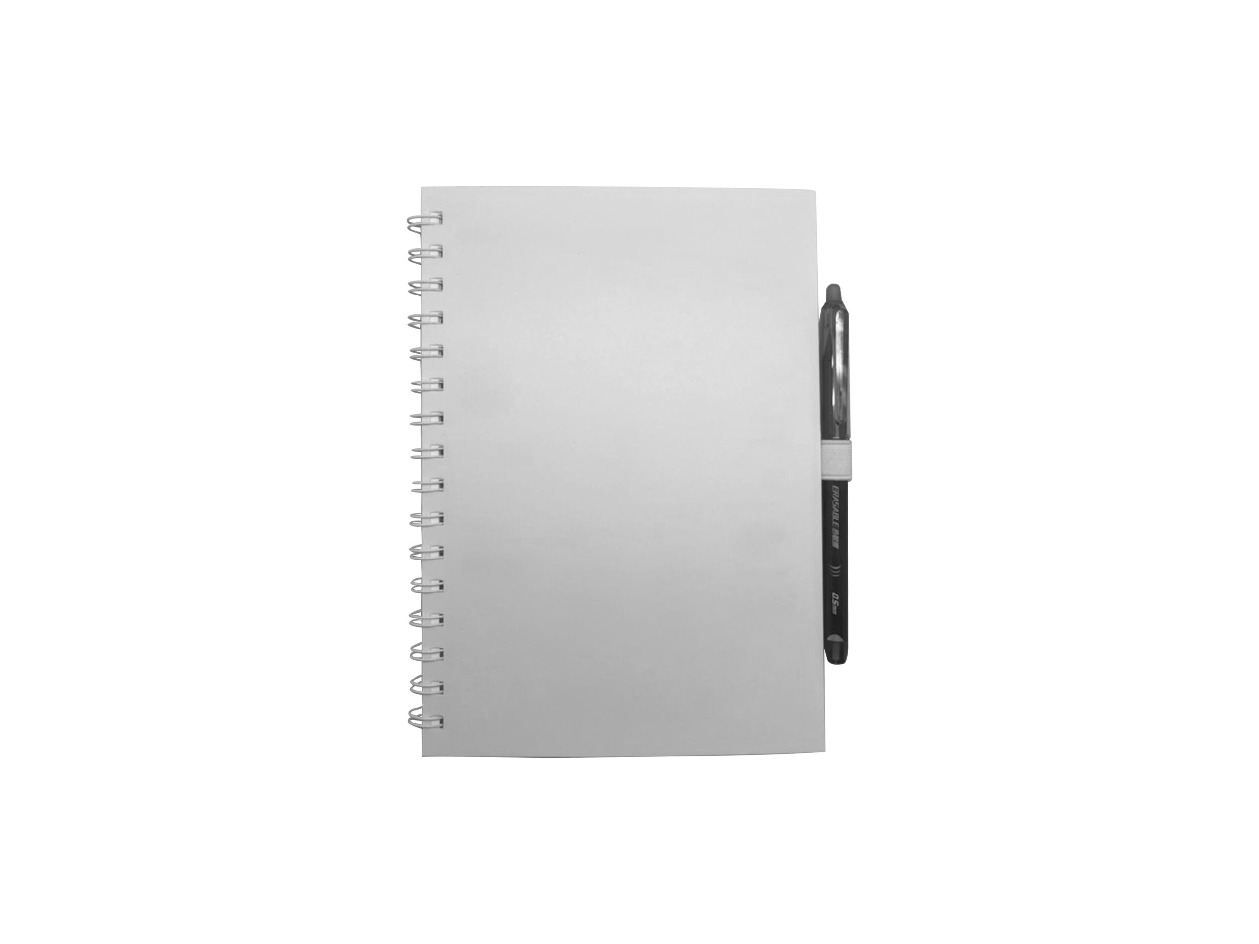 Notepad with pen attached on white background.