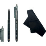 Erasable pens with black cleaning cloths.