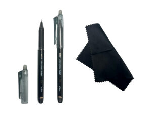 Erasable pens with black cleaning cloths.