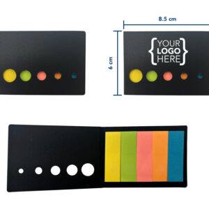 Colorful sticky notes with black cover, customizable logo.