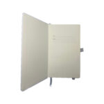 Open notebook with blank pages and ribbon.