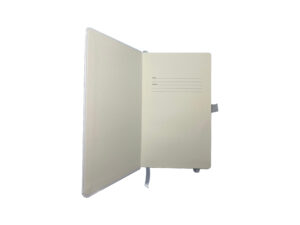 Open notebook with blank pages and ribbon.