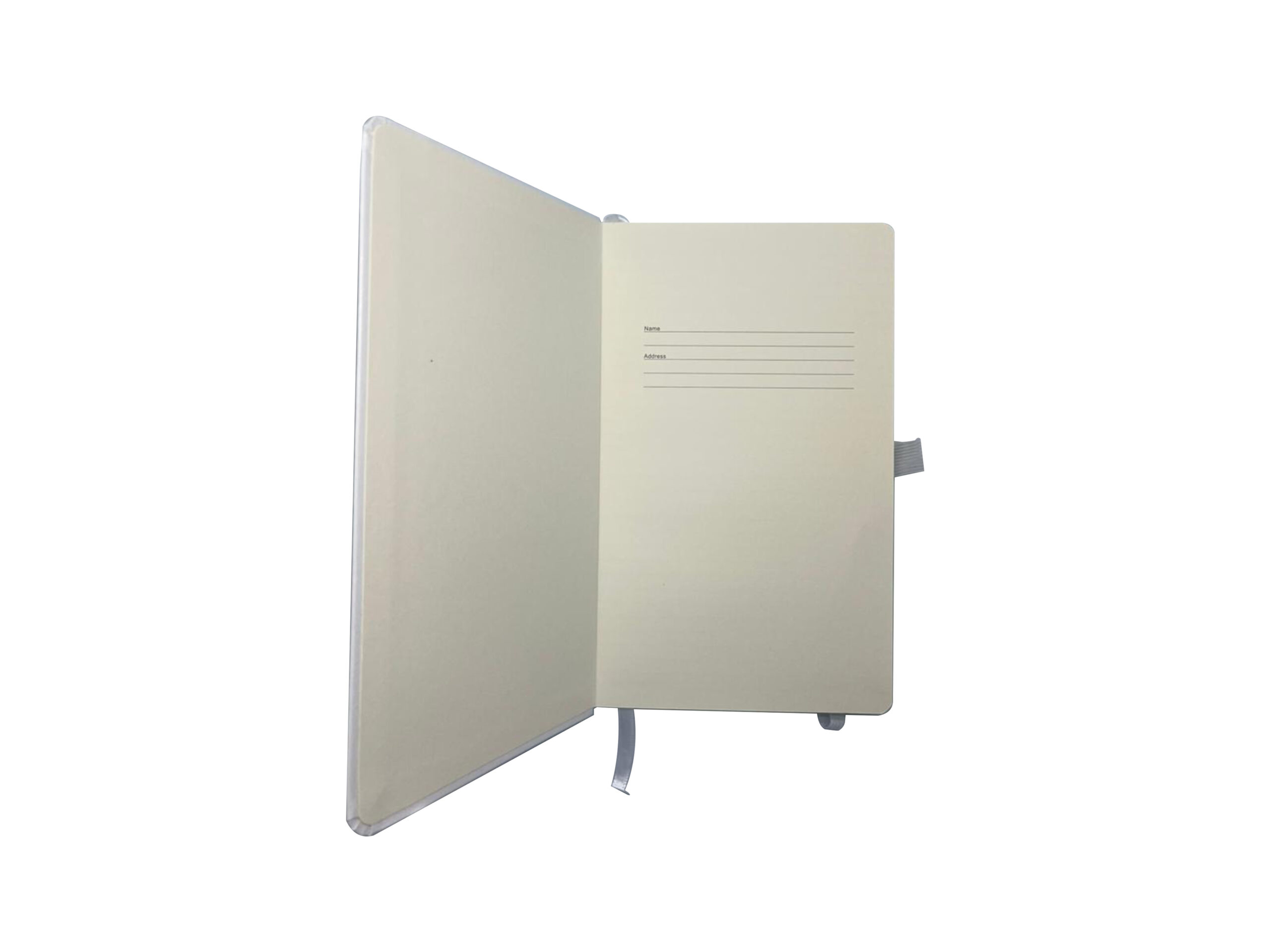 Open notebook with blank pages and ribbon.