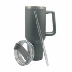 Gray travel mug with lid and straw