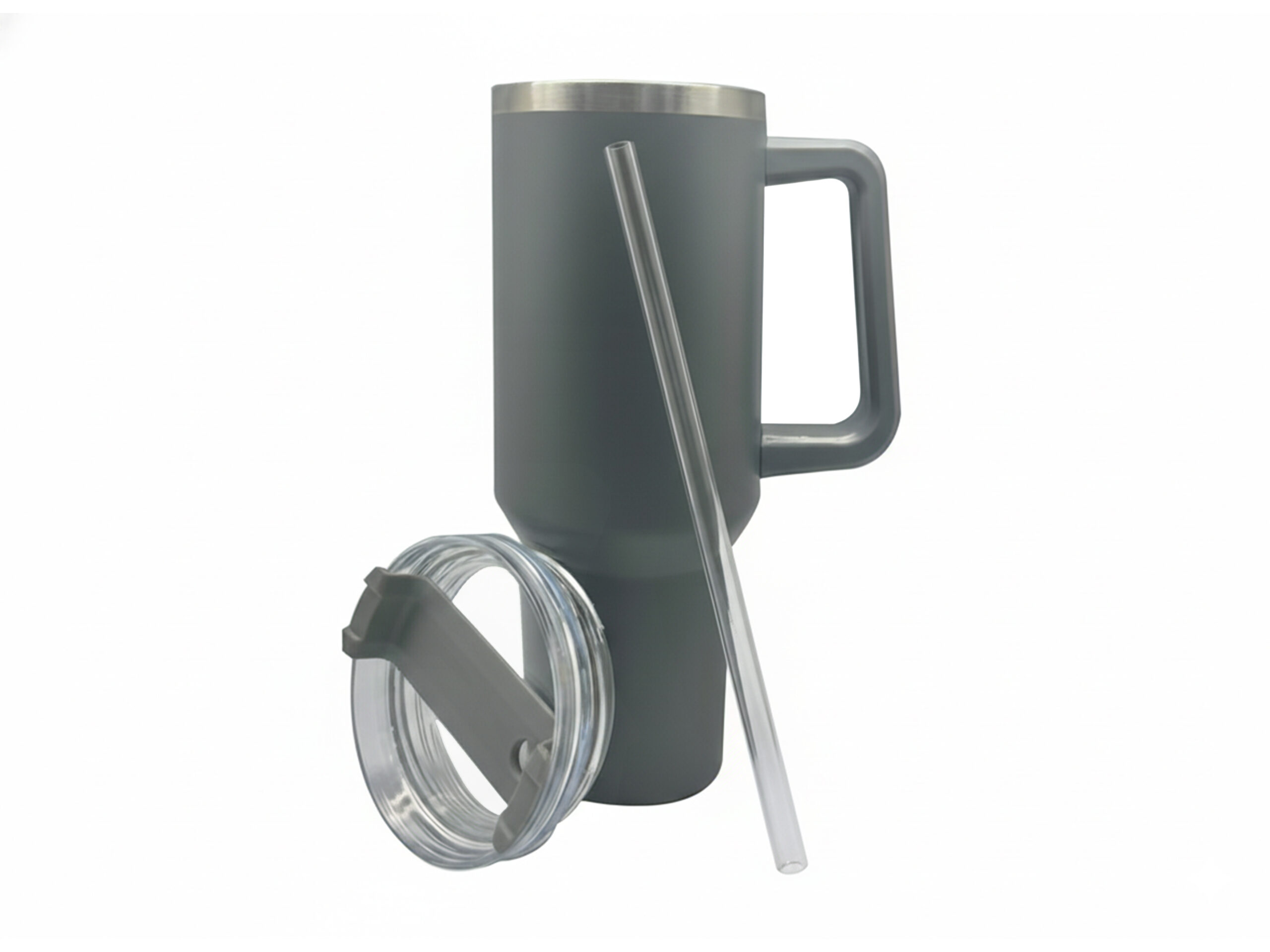 Gray travel mug with lid and straw