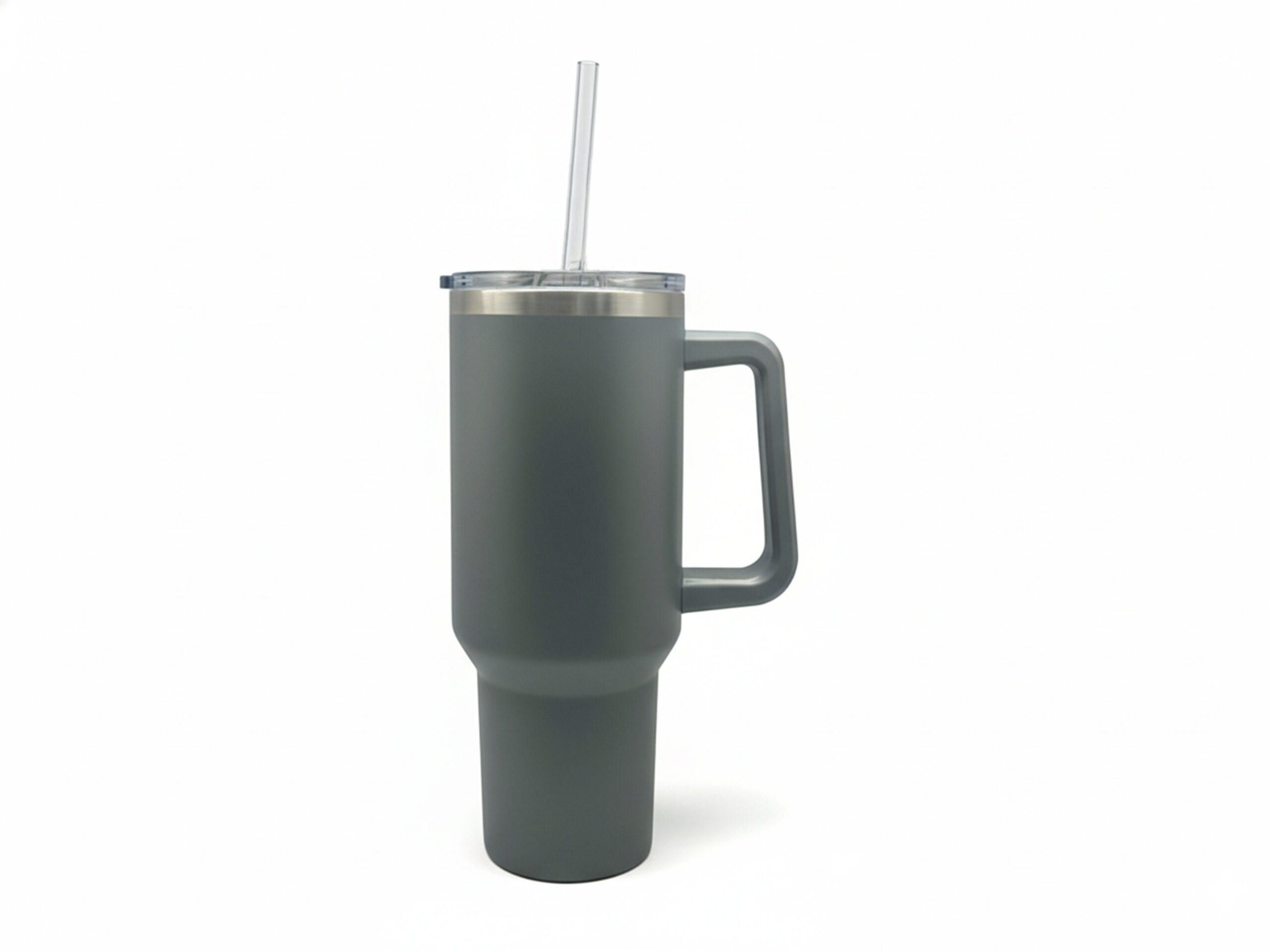 Large gray insulated tumbler with straw and handle