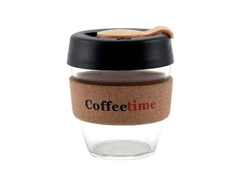 Reusable coffee cup with black lid and cork sleeve.