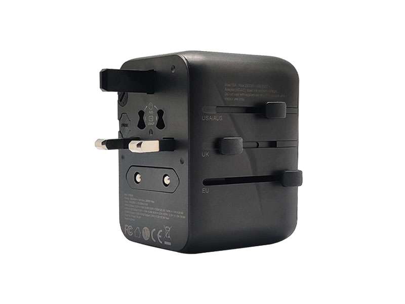 Universal travel adapter with multiple plug options.