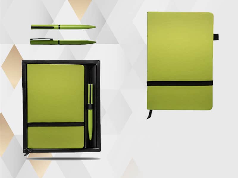 Green notebook and pens set with box.