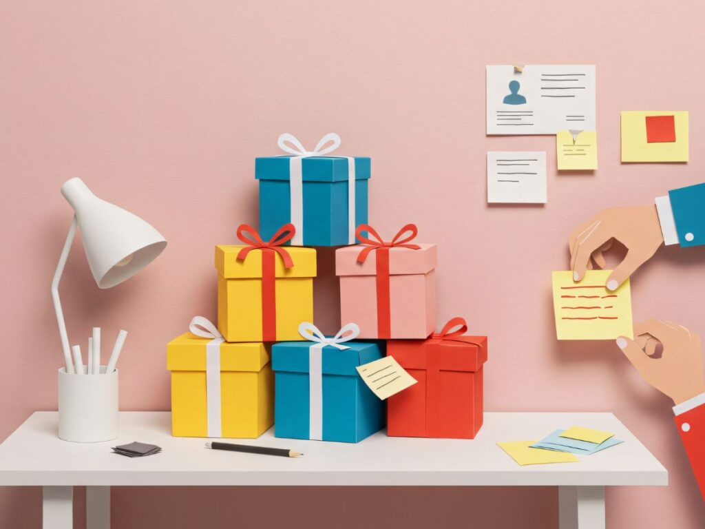 Colorful gift boxes on a desk with lamp.