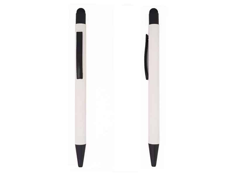White pen with black accents, clip visible.