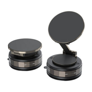 Two rotating turntable display stands, black and gray.