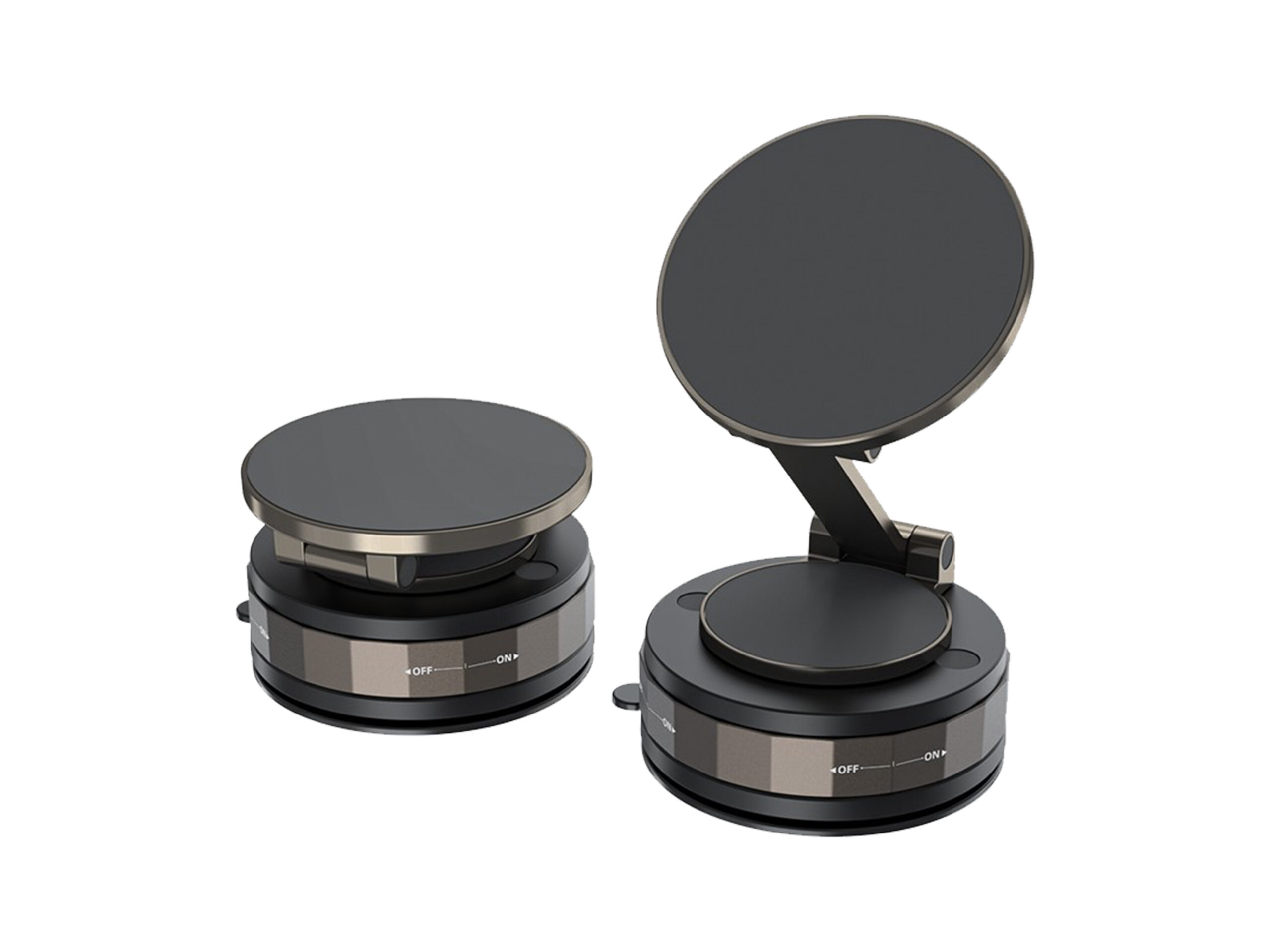 Two rotating turntable display stands, black and gray.