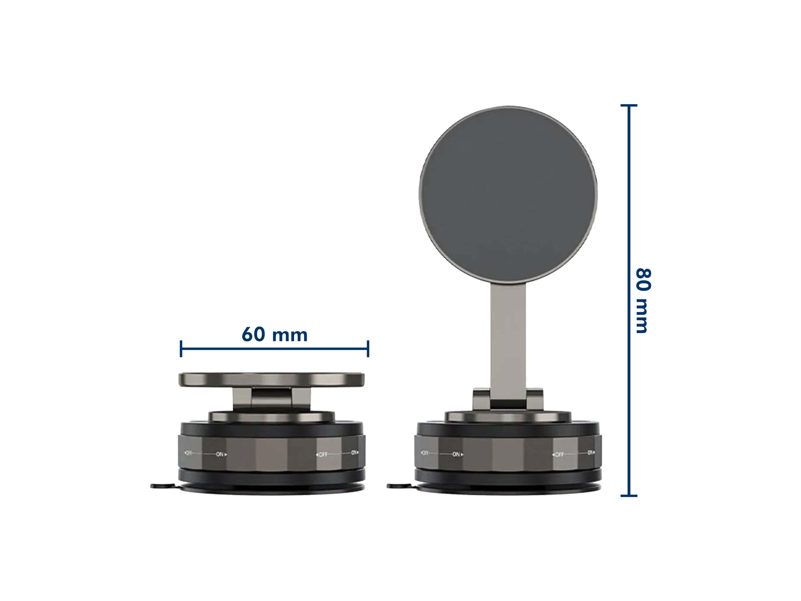 Rotating product display with dimensions label.