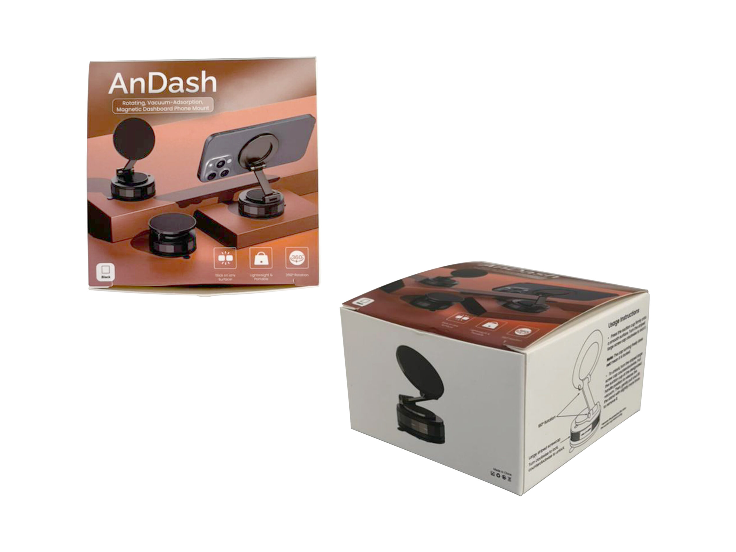 AnDash phone mount packaging, rotating vacuum adsorption.