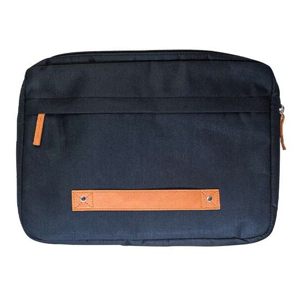 Black laptop bag with brown accents.