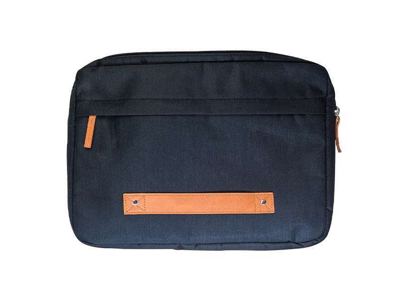 Black laptop bag with brown accents.