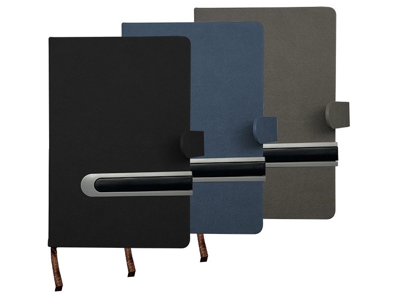 Three notebooks with pens in black, blue, gray.