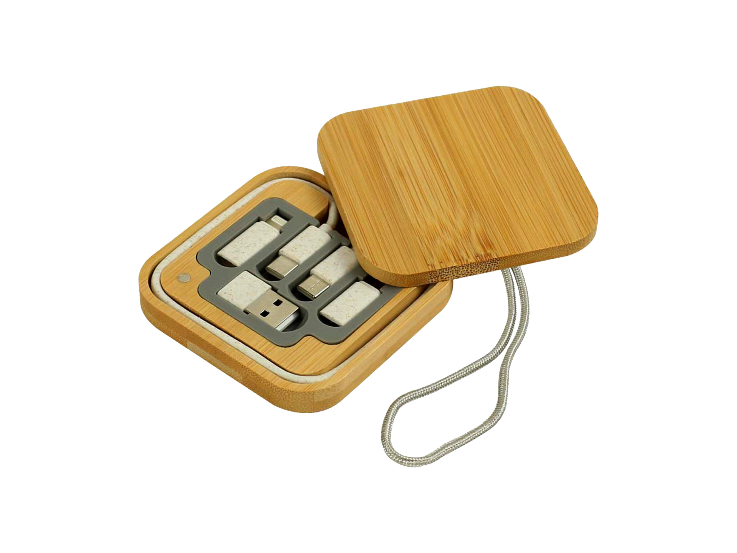 Bamboo box with USB adapters and cable